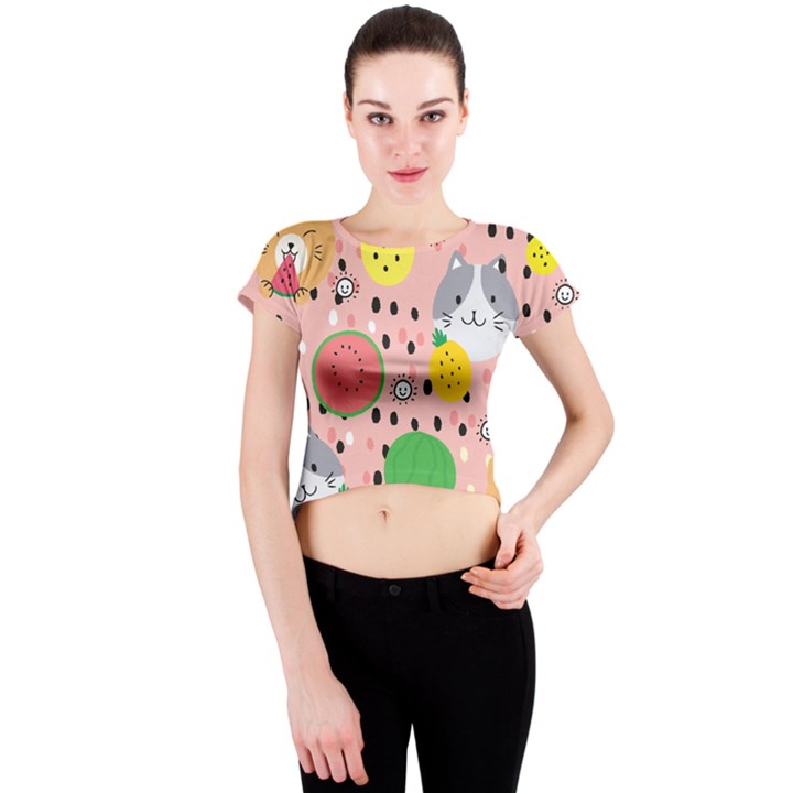 Cats and fruits  Crew Neck Crop Top
