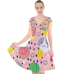 Cats And Fruits  Cap Sleeve Front Wrap Midi Dress by Sobalvarro