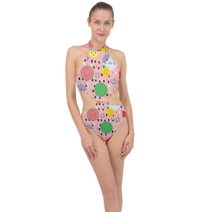 Cats and fruits  Halter Side Cut Swimsuit