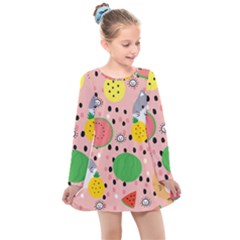 Cats And Fruits  Kids  Long Sleeve Dress by Sobalvarro