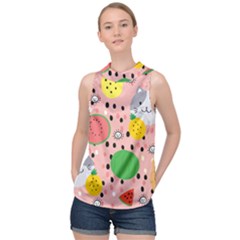 Cats And Fruits  High Neck Satin Top by Sobalvarro