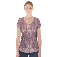 Tea Rose Pink And Brown Abstract Art Color Short Sleeve Front Detail Top by SpinnyChairDesigns