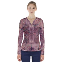 Tea Rose Pink And Brown Abstract Art Color V-neck Long Sleeve Top by SpinnyChairDesigns