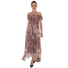 Tea Rose Pink And Brown Abstract Art Color Off Shoulder Open Front Chiffon Dress by SpinnyChairDesigns