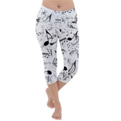 Black And White Music Notes Lightweight Velour Capri Yoga Leggings by SpinnyChairDesigns