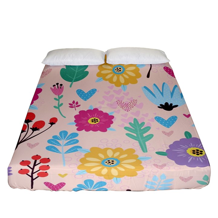 Tekstura-fon-tsvety-berries-flowers-pattern-seamless Fitted Sheet (Queen Size)