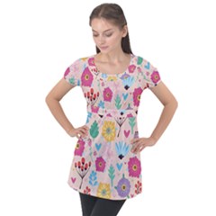 Tekstura-fon-tsvety-berries-flowers-pattern-seamless Puff Sleeve Tunic Top by Sobalvarro