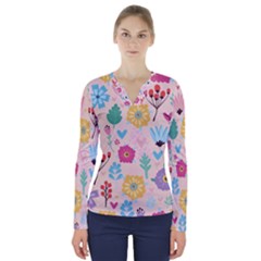 Tekstura-fon-tsvety-berries-flowers-pattern-seamless V-neck Long Sleeve Top by Sobalvarro