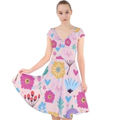 Tekstura-fon-tsvety-berries-flowers-pattern-seamless Cap Sleeve Front Wrap Midi Dress by Sobalvarro