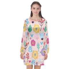 Tekstura-fon-tsvety-berries-flowers-pattern-seamless Long Sleeve Chiffon Shift Dress  by Sobalvarro