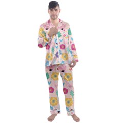 Tekstura-fon-tsvety-berries-flowers-pattern-seamless Men s Long Sleeve Satin Pyjamas Set by Sobalvarro