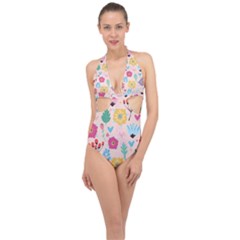 Tekstura-fon-tsvety-berries-flowers-pattern-seamless Halter Front Plunge Swimsuit by Sobalvarro