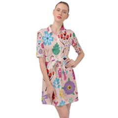 Tekstura-fon-tsvety-berries-flowers-pattern-seamless Belted Shirt Dress by Sobalvarro