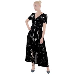 Black And White Music Notes Button Up Short Sleeve Maxi Dress by SpinnyChairDesigns