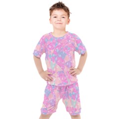 Pink Blue Peach Color Mosaic Kids  Tee And Shorts Set by SpinnyChairDesigns