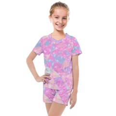 Pink Blue Peach Color Mosaic Kids  Mesh Tee And Shorts Set