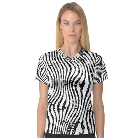 Zebra Print Stripes V-neck Sport Mesh Tee by SpinnyChairDesigns