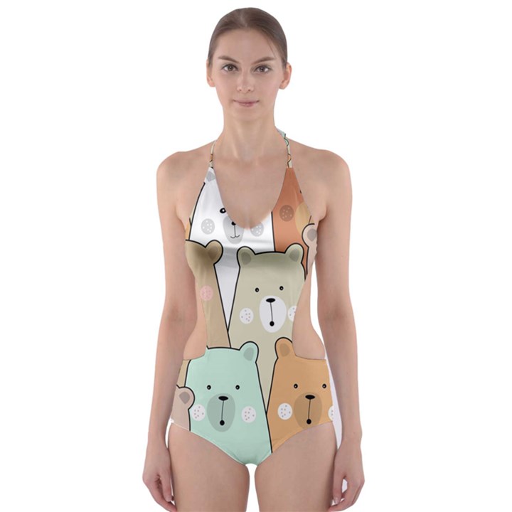 Colorful-baby-bear-cartoon-seamless-pattern Cut-Out One Piece Swimsuit