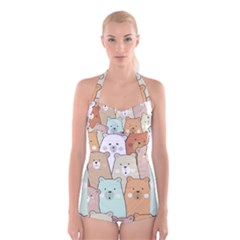 Colorful-baby-bear-cartoon-seamless-pattern Boyleg Halter Swimsuit  by Sobalvarro