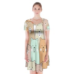 Colorful-baby-bear-cartoon-seamless-pattern Short Sleeve V-neck Flare Dress