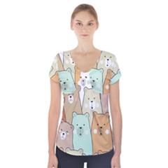 Colorful-baby-bear-cartoon-seamless-pattern Short Sleeve Front Detail Top