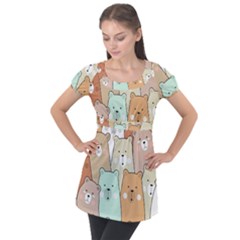 Colorful-baby-bear-cartoon-seamless-pattern Puff Sleeve Tunic Top by Sobalvarro