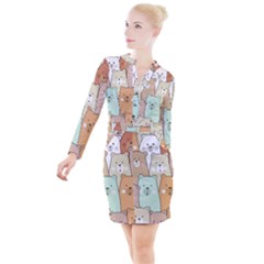 Colorful-baby-bear-cartoon-seamless-pattern Button Long Sleeve Dress