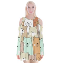 Colorful-baby-bear-cartoon-seamless-pattern Velvet Long Sleeve Shoulder Cutout Dress