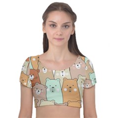 Colorful-baby-bear-cartoon-seamless-pattern Velvet Short Sleeve Crop Top 