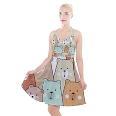 Colorful-baby-bear-cartoon-seamless-pattern Halter Party Swing Dress 