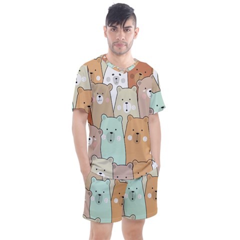 Colorful-baby-bear-cartoon-seamless-pattern Men s Mesh Tee And Shorts Set by Sobalvarro