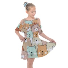 Colorful-baby-bear-cartoon-seamless-pattern Kids  Shoulder Cutout Chiffon Dress