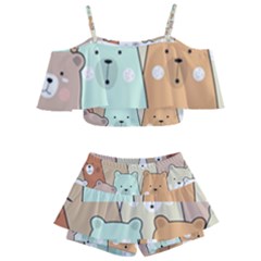 Colorful-baby-bear-cartoon-seamless-pattern Kids  Off Shoulder Skirt Bikini