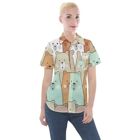 Colorful-baby-bear-cartoon-seamless-pattern Women s Short Sleeve Pocket Shirt by Sobalvarro