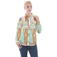 Colorful-baby-bear-cartoon-seamless-pattern Women s Long Sleeve Pocket Shirt