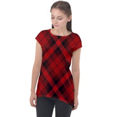Red and Black Plaid Stripes Cap Sleeve High Low Top