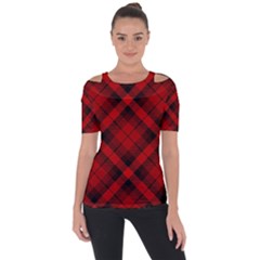 Red and Black Plaid Stripes Shoulder Cut Out Short Sleeve Top