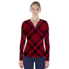 Red and Black Plaid Stripes V-Neck Long Sleeve Top