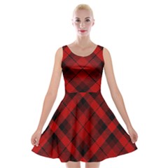 Red and Black Plaid Stripes Velvet Skater Dress