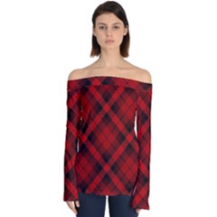 Red and Black Plaid Stripes Off Shoulder Long Sleeve Top