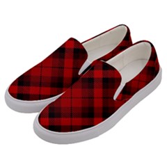 Red And Black Plaid Stripes Men s Canvas Slip Ons by SpinnyChairDesigns