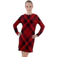 Red and Black Plaid Stripes Long Sleeve Hoodie Dress