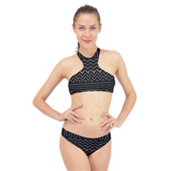 Black And White Minimalist Stripes  High Neck Bikini Set by SpinnyChairDesigns