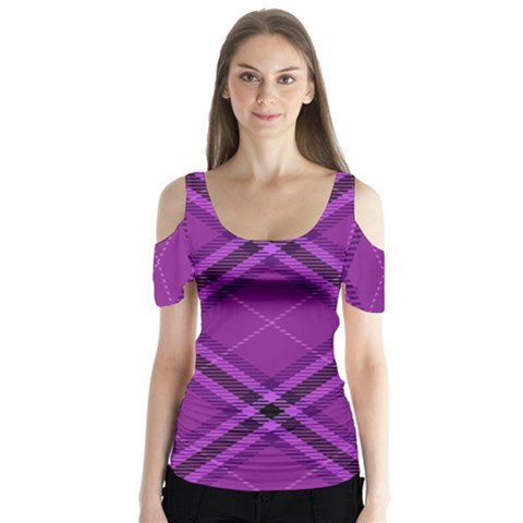 Purple And Black Plaid Butterfly Sleeve Cutout Tee  by SpinnyChairDesigns