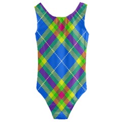 Clown Costume Plaid Striped Kids  Cut-out Back One Piece Swimsuit by SpinnyChairDesigns