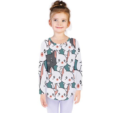 Seamless-cute-cat-pattern-vector Kids  Long Sleeve Tee by Sobalvarro