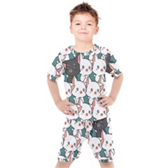 Seamless-cute-cat-pattern-vector Kids  Tee And Shorts Set by Sobalvarro