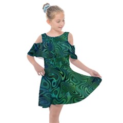 Emerald Green Blue Marbled Color Kids  Shoulder Cutout Chiffon Dress
