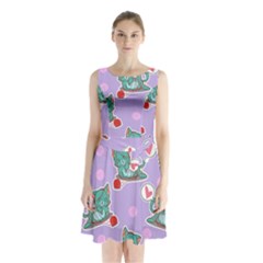 Playing cats Sleeveless Waist Tie Chiffon Dress