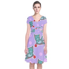 Playing cats Short Sleeve Front Wrap Dress